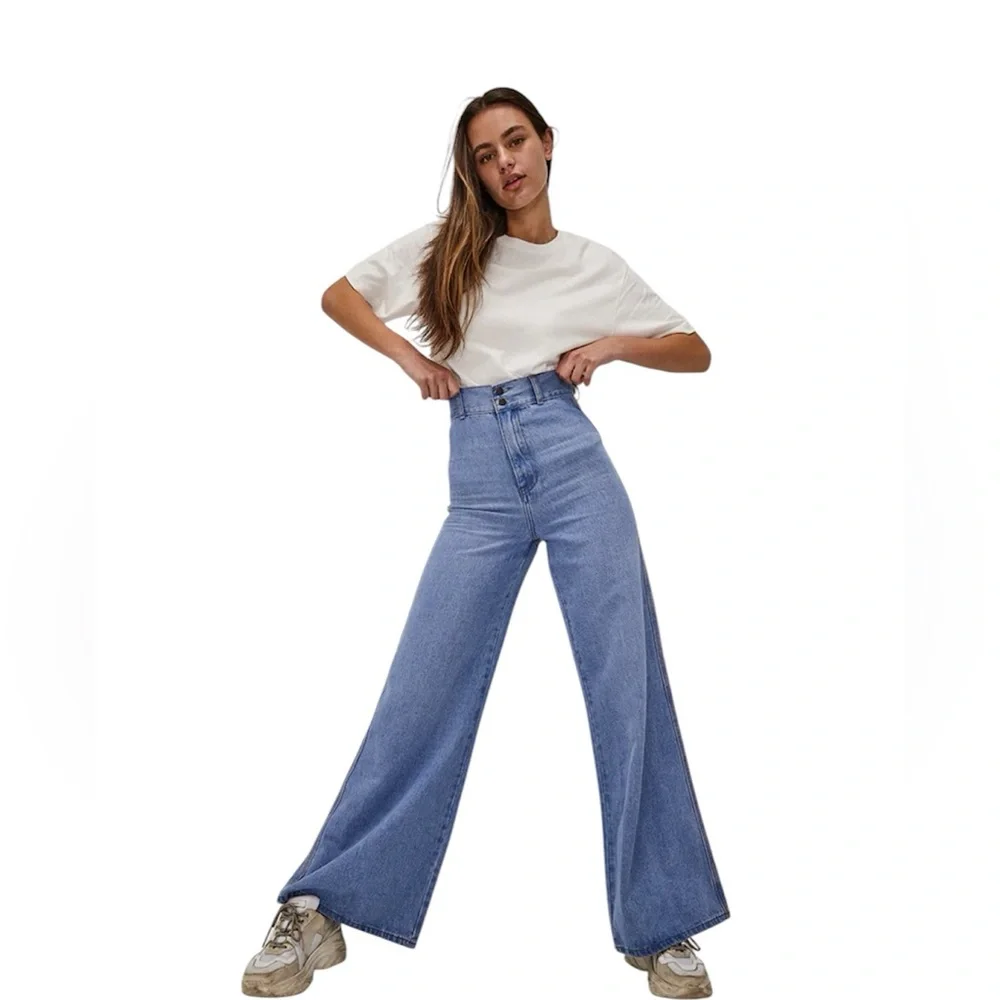 Ghanda Women’s Wide Leg Flare Leg Bell Bottom Charlie Jeans in Boston Blue Boho - Picture 3 of 14